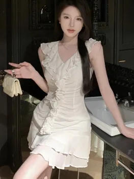 Элегантное шифоновое мини-платье без рукавов с оборками, V-образный вырез, однотонный Сказочный темперамент, шикарное платье для вечеринки по случаю дня рождения One Piece Vestidos