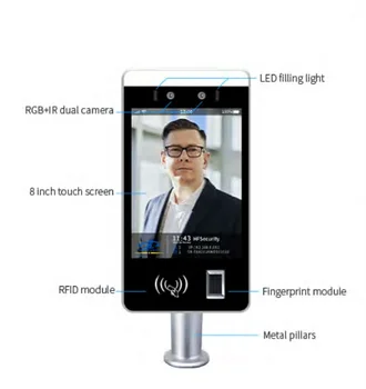 8-дюймовое сенсорное устройство распознавания лиц с искусственным интеллектом и считывателем отпечатков пальцев и Rfid-карт