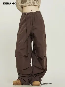 2023 Летние Винтажные повседневные однотонные брюки-карго с высокой талией Для женщин, широкие комбинезоны с завязками, мешковатые брюки Y2K