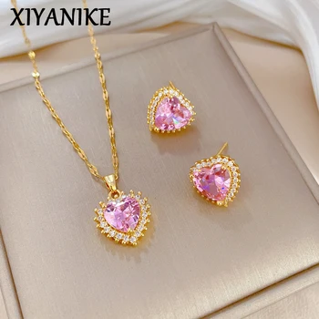 Комплект ювелирных изделий из нержавеющей стали XIYANIKE 316L, серьги с розовым кристаллом в виде сердца, ожерелье, простые аксессуары для женщин, свадебный подарок Серьги