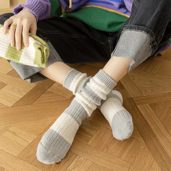 Утепленные теплые женские носки, Японские модные полосатые длинные носки для школьниц, зимняя повседневная уличная одежда в стиле харадзюку, теплые шерстяные носки