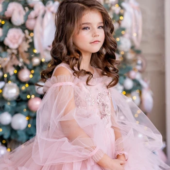 Розовое Изысканное платье в цветочек для девочек с круглым вырезом и пышными рукавами для выпускного вечера, платья для церемонии первого причастия для маленьких девочек