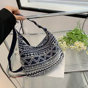 Женская сумка через плечо Трендовая сумка Простые сумки на молнии Холщовая сумка через плечо в этническом стиле Маленькая тканая пляжная сумка-тоут