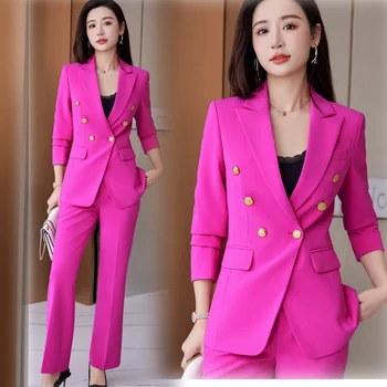 Высококачественный Корейский демисезонный женский брючный костюм, официальный комплект из 2 предметов, блейзер, Женская офисная деловая рабочая одежда, куртка и брюки