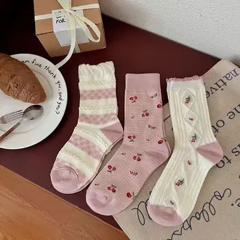 Розовые женские носки JK, носки с рюшами в японском стиле Lolita Sweet Girls, Harajuku, Вишневый цветочный принт, милые носки с героями мультфильмов Kawaii, женские