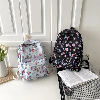 Дорожные сумки для книг из нейлона большой емкости, милый модный студенческий школьный рюкзак с простым цветочным принтом бабочек для кемпинга на открытом воздухе