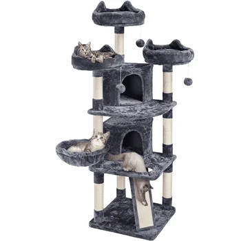 Плюшевая башня из кошачьего дерева с пещерами, платформами для кондоминиумов, когтеточкой, темно-серая