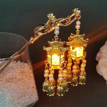 Китайский Дворцовый фонарь, заколки-шпильки, Металлические палочки для волос Золотого цвета, вилки со светом, женские и женские подвески для девочек, украшения для платья Hanfu