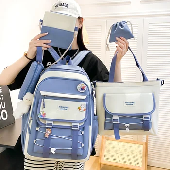 Модный женский рюкзак 5 В 1, нейлоновая водонепроницаемая школьная сумка для девочек, дорожные рюкзаки большой емкости, студенческие сумки для книг
