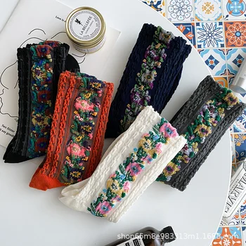 Женские чулки средней длины с мелким цветочным ворсом в стиле ретро, литература и искусство, этнические носки с рисунком 