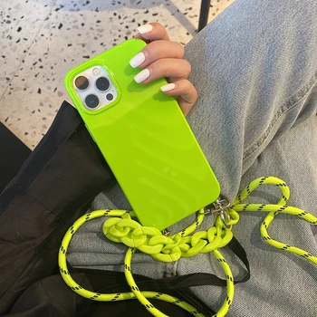 Флуоресцентный зеленый диагональный чехол для телефона на веревке для Iphone 12 Pro Max MiNi 11 XR X XS 8 Plus с защитой на шнурке Задняя крышка