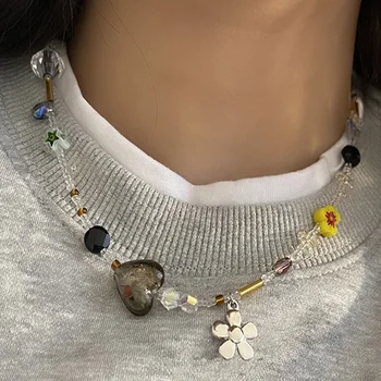 Корейское модное ожерелье с подвеской, ожерелье из хрусталя и гравия, расшитое бисером, для женщин, колье Y2K, ювелирные изделия 2023, Летние аксессуары