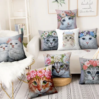 Настраиваемая подушка с милым принтом Мяу-Мяу, Подушка для домашнего дивана, подушка для кошки, Наволочка с цветочным принтом Кошки.