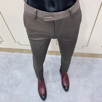 Корейские облегающие костюмные брюки в полоску Элегантные Мужские официальные брюки Высококачественные Мужские офисные брюки для вечеринок Мужские модные повседневные брюки